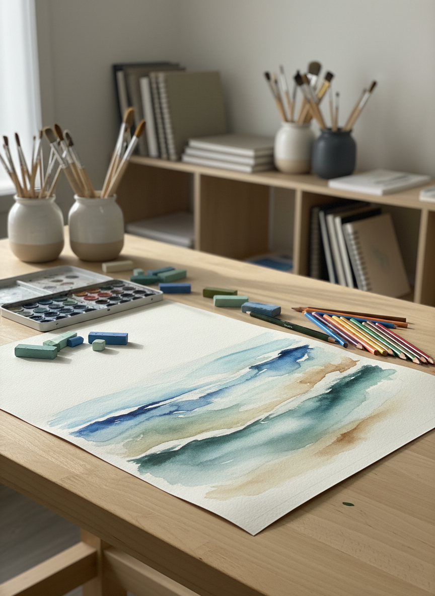 A neat wooden therapy table covered with a large sheet of heavy watercolor paper, scattered with soft pastels, watercolor pans, and colored pencils in calming blues, greens, and earthy tones. A partially completed abstract painting suggests flowing ocean waves, subtly referencing the coastal setting of Salamander Bay, NSW. The space around the table features organized shelves with neatly stacked sketchbooks and ceramic jars holding clean brushes. Soft, diffused natural light filters through an unseen window, creating gentle shadows and a tranquil, professional atmosphere. Photographic realism at eye level, with a shallow depth of field that keeps the artwork in sharp focus while the background softly blurs, conveying trust, safety, and a welcoming art therapy environment for health and counselling.