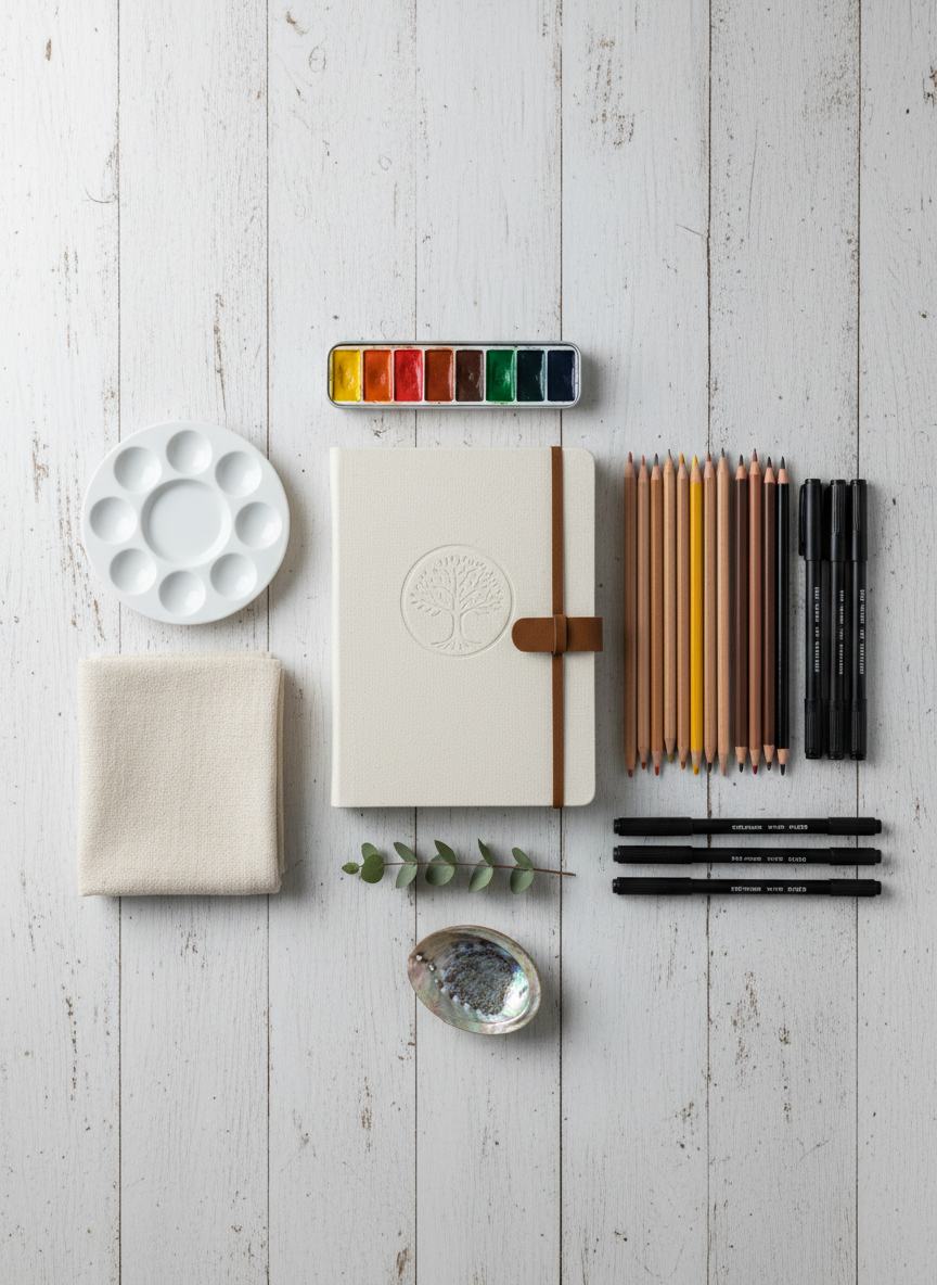 A carefully composed flat lay photograph of tools used in art therapy and counselling, arranged on a pale wooden surface. A closed, cloth-bound journal with a simple, elegant design rests beside a set of neatly aligned coloured pencils and fine-tip pens. Nearby, a small box of watercolours, a ceramic mixing tray, and a soft cotton cloth are placed with deliberate spacing. Subtle accents such as a sprig of native Australian foliage and a smooth shell gently reference Salamander Bay, NSW, without becoming the focus. Soft, diffused studio lighting from above minimizes harsh shadows, creating a clean, trustworthy, professional mood. The overhead composition is symmetrical and orderly, symbolising clarity, support, and structured yet creative therapeutic work in a health and counselling practice.