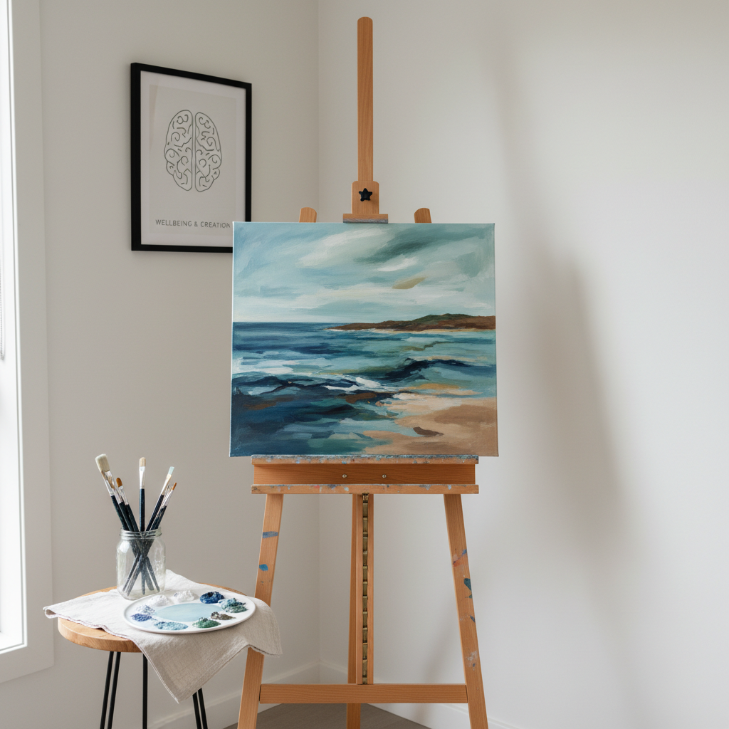 An inviting art therapy studio corner in photographic realism, featuring a sturdy easel holding a canvas with a calming abstract seascape in progress, using layered blues, teals, and sandy beige, subtly nodding to Salamander Bay, NSW. Beside the easel, a small side table holds neatly arranged brushes in a glass jar, a palette with carefully separated paint colours, and a folded linen cloth. The walls are soft white, with a single framed, minimalist print related to emotional wellbeing. Gentle, overcast natural light pours in from a large unseen window, creating an even, soothing illumination and soft-edged shadows. Shot at eye level with a slight angle, the composition balances negative space and detail, conveying professionalism, safety, and a calm therapeutic environment.