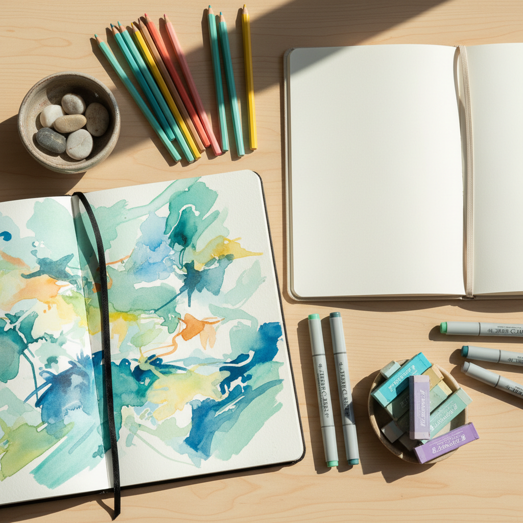 A close-up, photographic image of a pair of clean, open sketchbooks lying on a smooth wooden desk, one filled with expressive, colorful brushstrokes and the other blank and ready. Surrounding them are carefully placed high-quality markers, coloured pencils, and oil pastels in harmonious, soothing tones. A small ceramic bowl holds smooth beach pebbles, hinting at Salamander Bay’s coastal environment without showing specific geography. Natural daylight from the side creates soft highlights on the paper texture and a gentle gradient of shadow across the desk. Captured from a top-down, bird’s-eye view with crisp focus throughout, the composition feels organized and professional, suggesting possibility, reflection, and supportive art therapy work without showing any people.