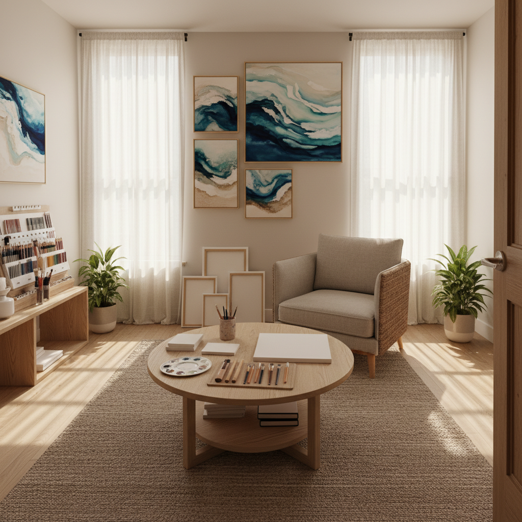 A peaceful counselling room styled for art therapy, shown in photographic realism. A comfortable, neutral-toned armchair faces a low wooden worktable set with blank canvases, a tidy palette of non-toxic paints, and neatly arranged clay tools. On the far wall, framed abstract artworks in ocean-inspired blues and sandy neutrals subtly evoke Salamander Bay without literal landmarks. Soft afternoon light streams through sheer curtains, casting warm, gentle shadows and giving the room a calm, professional feel. Shot from a slightly elevated angle using the rule of thirds, the composition emphasizes open space and tidy order, suggesting confidentiality, trustworthiness, and a safe place for emotional expression through creative process in a health and counselling context.