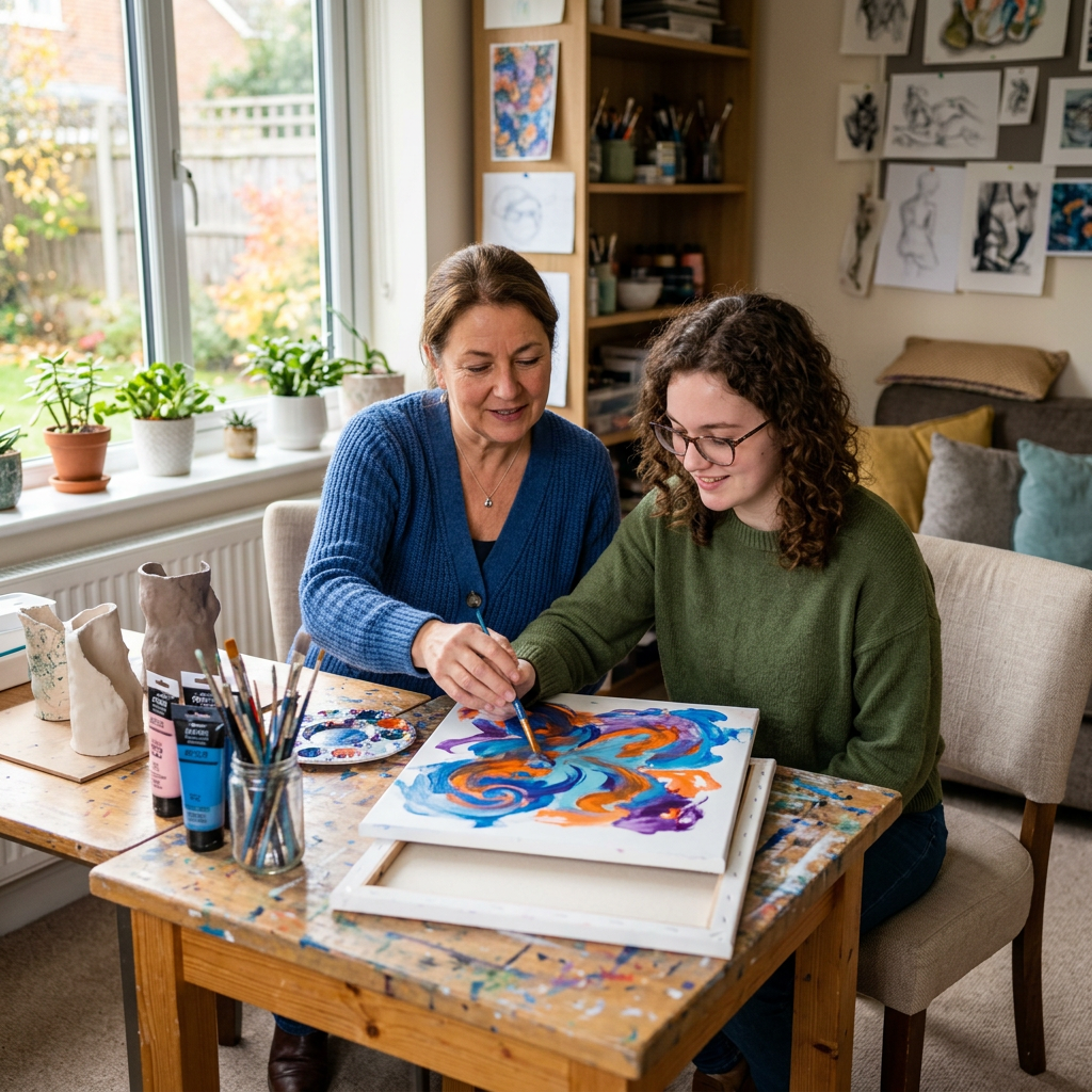 Instructor guiding student painting vibrant abstract artwork